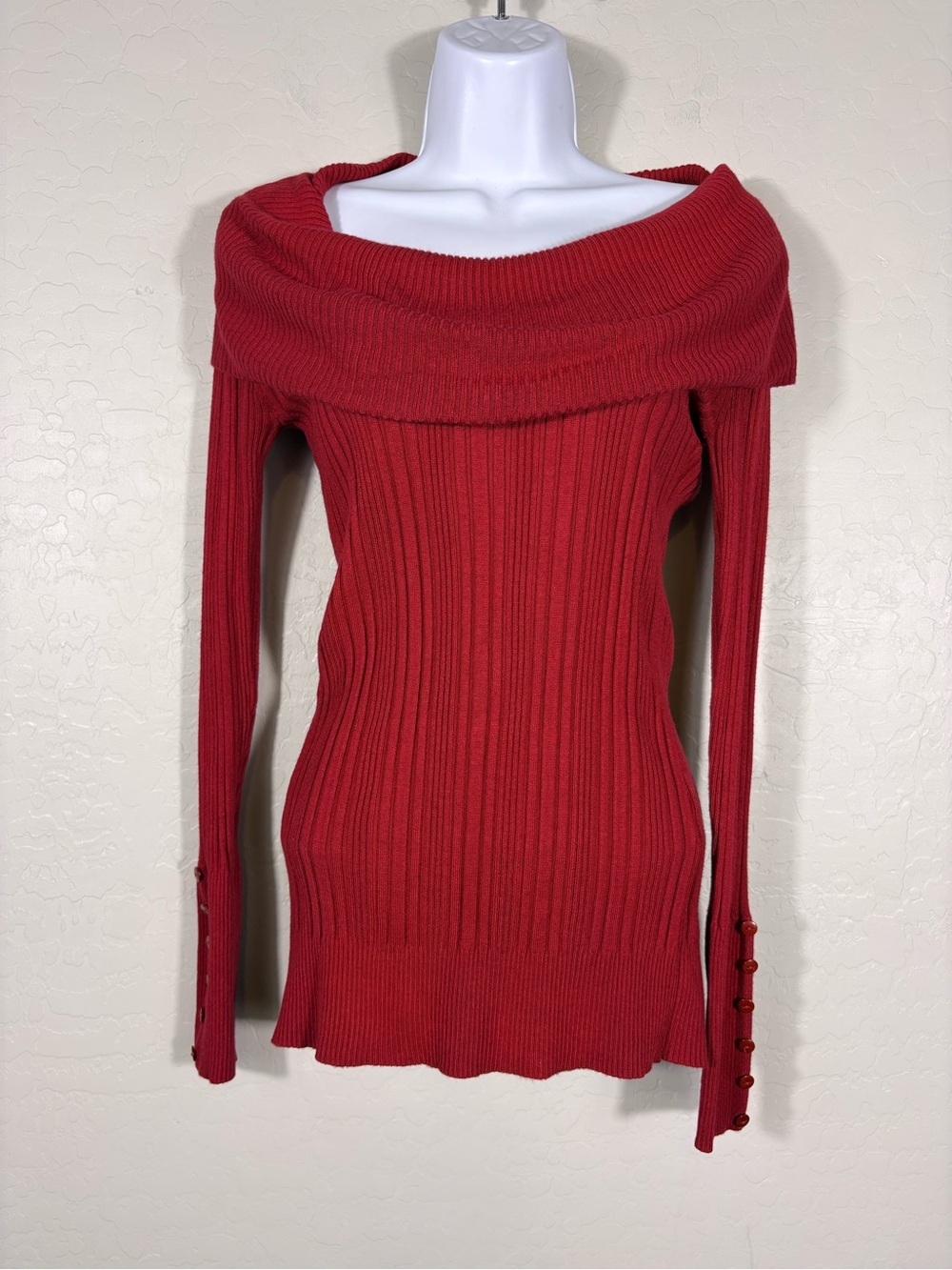 Vintage 90s Y2K Red Off Shoulder Ribbed‎ Knit Sweater Top Indie Whimsigoth Y2K S